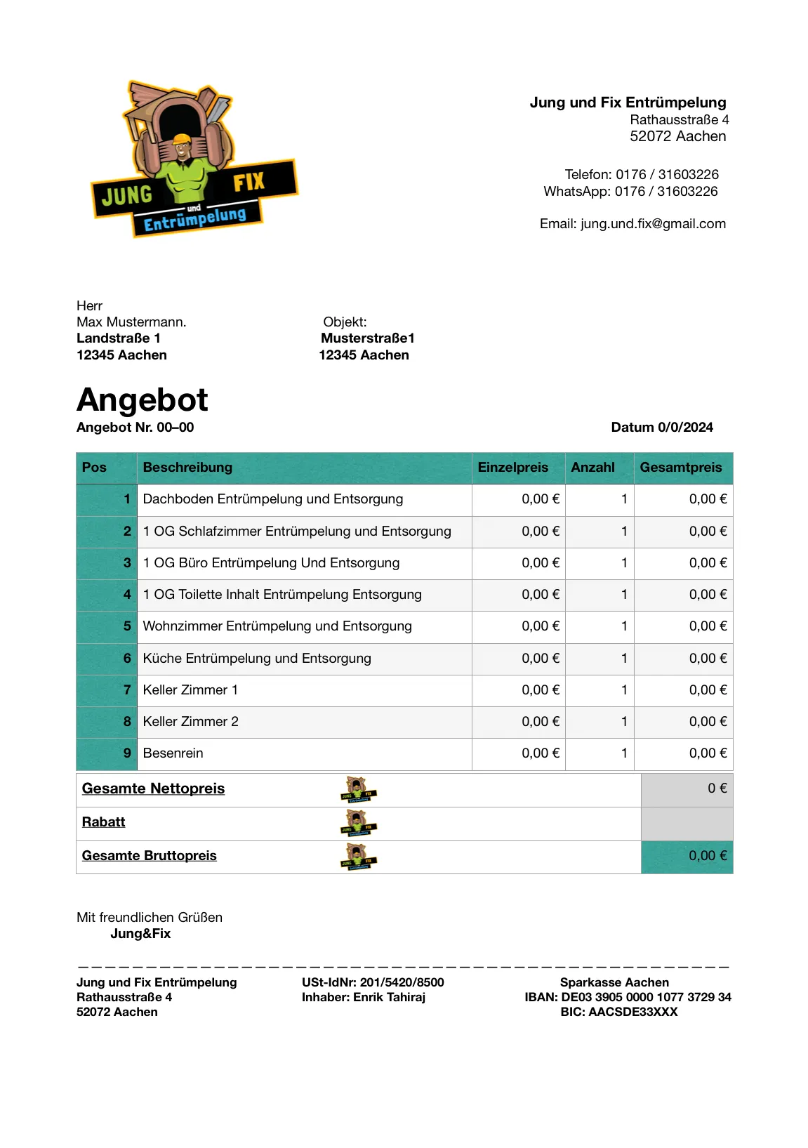 Kostenloses und unverbindliches Angebot für eine Entrümpelung und Haushaltsauflösung in Aachen von Jung und Fix – detaillierte Auflistung aller Leistungen für maximale Transparenz.