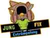 Logo von jung und FIx Entrümpelung Junger, starker Mann mit Schutzhelm, der sperrige Abfälle und Trümmer (Sperrmüll, Möbel, Holz, Metall) unter dem Firmennamen Jung und Fix Entrümpelung trägt. Ideal für professionelle Entrümpelung und Haushaltsauflösung in Aachen und Umgebung.