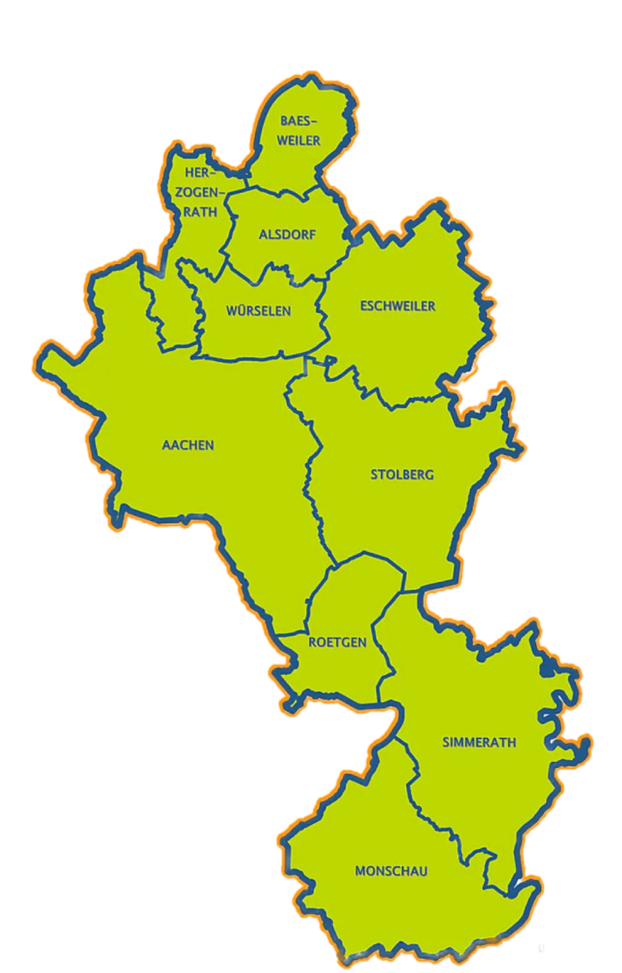 Karte Einsatzgebiet Jung und Fix Entrümpelung in der Städteregion Aachen, Alsdorf, Baesweiler, Herzogenrath, Eschweiler, Monschau, Roetgen, Simmerath, Stolberg und Würselen